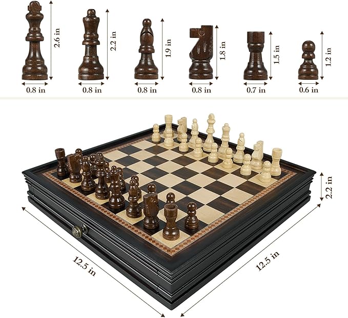 12.5’’ Wooden Chess Set Magnetic Chess Pieces with 2 Built-in Storage Drawers - Chess Broad Game for Beginner Kids Adults - 2 Bonus Extra Queens