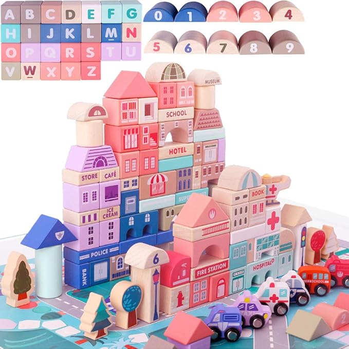 115 Pcs Wooden Building Blocks Toy Set for Kids City Construction Stacker Stacking Preschool Learning Educational Toys Gifts for 3+ Boy Girl Toddler