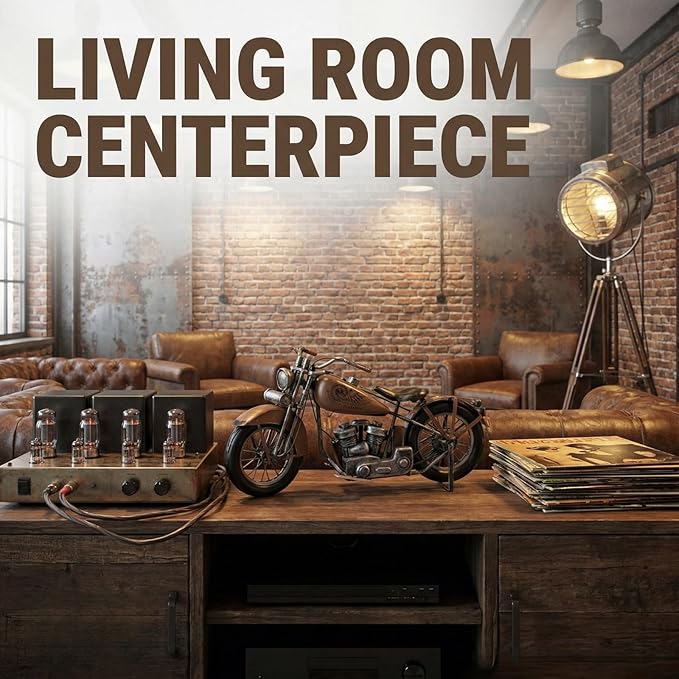 Vintage Metal Motorcycle Sculpture - Handmade Industrial Iron Motorbike Model Art - Retro Copper Desk Decor for Office and Home - Unique Collectible Gift for Men Dads and Biker Enthusiasts