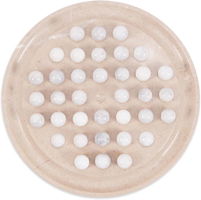 Marble Peg Solitaire Board Game 10 Inches Beige Stone Game with 42 White Assorted Marble Balls Classic Brain Puzzle for Fun Elegant Decor for Family Only