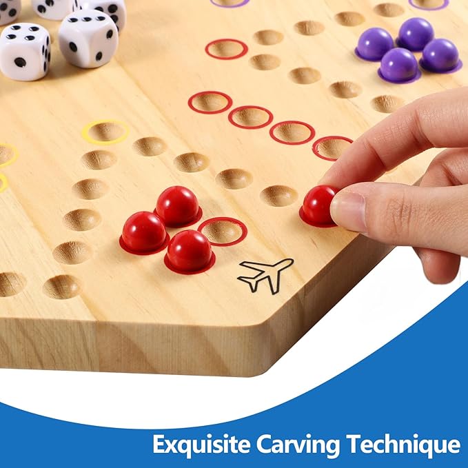Original Marble Game Wahoo Board Game Double Sided Painted Wooden Fast Track Board Game for Friends and Party 6 and 4 Players 6 Colors 24 Marbles 6 Dice