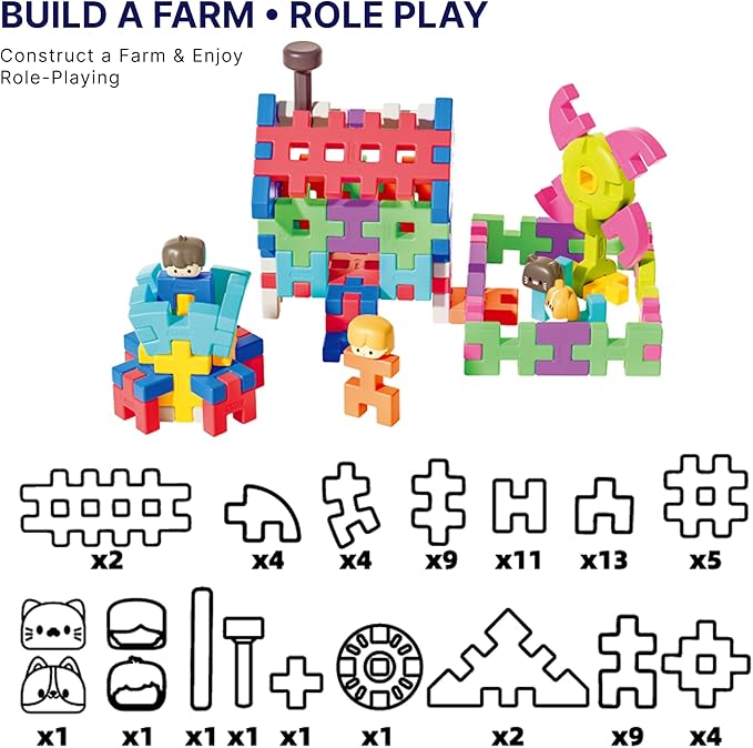 Advanced 3D Interlocking Soft Building Blocks for Kids 100+ Pcs STEAM Construction Set with Figures &amp Pets Sensory Educational Toy for Preschoolers 3-8 with Building Manual &amp Storage Bin