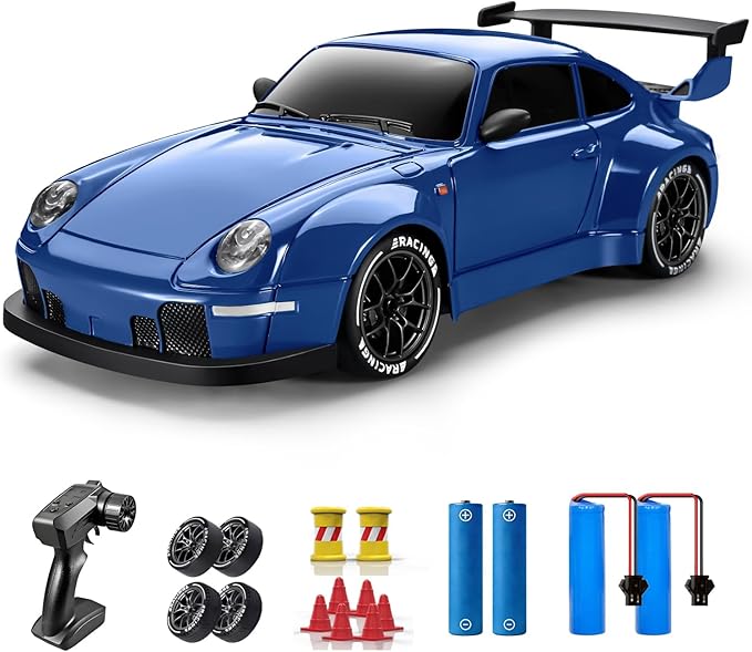 ACAMMZAR RC Drift Car 1:24 Remote Control Car for Kids 20KM/H 4WD High Speed RC Cars with LED Lights Two Batteries Extra Drifting Tires Vehicle for Adults Boys Girls Blue