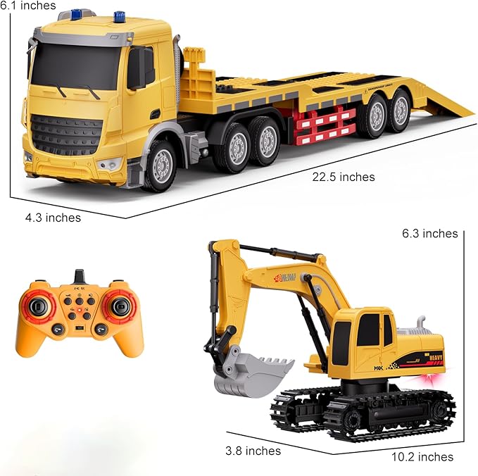 RC Semi-Trailer Truck with Excavator Toy Set - 1:12 Scale Remote Control Flatbed Truck and Excavator Toy for Kids 22.5 Inch with Lights &amp Music RC Construction Vehicle Toys for Boys 6-12 Years O
