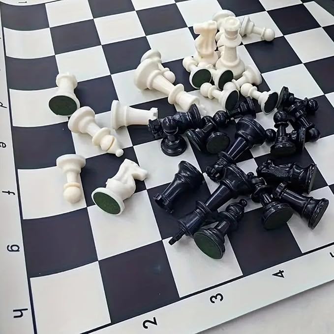 Tournament Chess Set: Portable and Professional Set with Travel Portable Plastic Tube Roll. Plastic Staunton Chess Pieces Foldable Vinyl Chess Board. (Black Board 13X13IN)