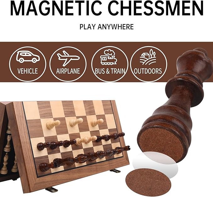 Ajedrez 15 Magnetic Chess Set for Adults/Kids—Folding Travel Wooden Board with Storage Bag Portable Beginner &amp Expert Chess Sets