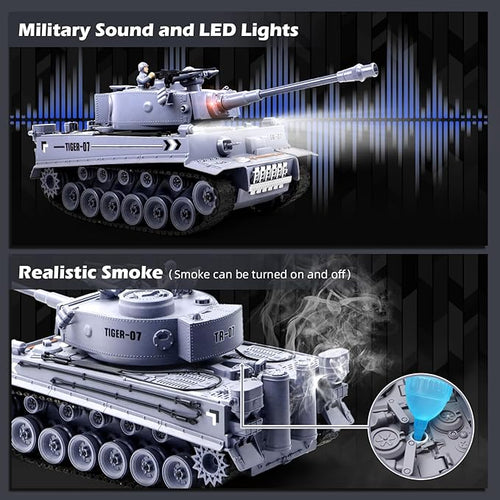 1/18 Remote Control Tank German Tiger - Gray RC Tank Thats Shoots BBS 60 Minute Playing Time Smoke Sound LED Lights Excellent Gift for Kids and Adults