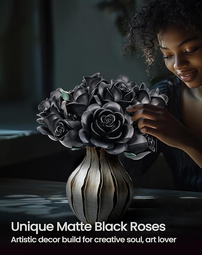 iATOM Black Rose Bouquet Building Set 12Pcs Flower Botanical Collection Kit for Adult Valentine's Day Gift for Her/Girlfriend/Mom/Wife/Couple Gothic Vintage Home Office Table Centerpiece Decor