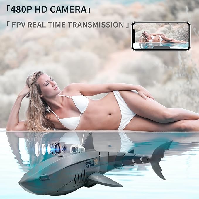 RC Sharks with Camera for Kids/Adults Remote Control Shark Toys for Swimming PoolRC Boat with CameraPool Toys RC Camera Boat Toys Simulated Shark for Outdoor Toys(2 Batteries)