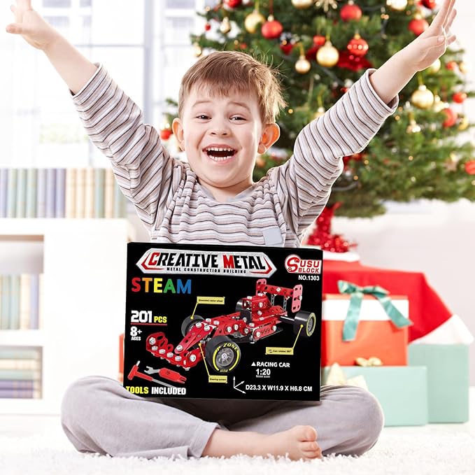 Building Car Metal Model KitsSTEM Building Toys Model Car Kits for Boys 8-12Erector Sets 1:20 Scale Red Racing Car Metal Building Blocks for Kids Boys 8 9 10 11 12-16 Years Old