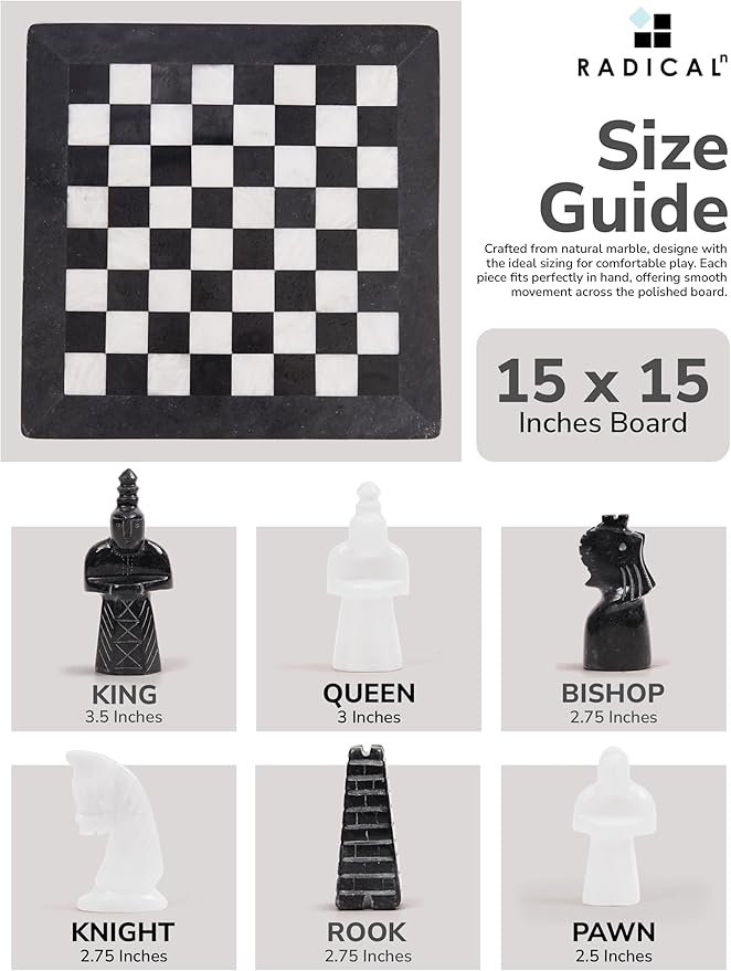 Radicaln Marble Antique Chess Set with Storage Box 15 Inches Black and White Handmade Board Game 2 Player Classic Chess Sets for Adults Board &amp 32 Chess Pieces