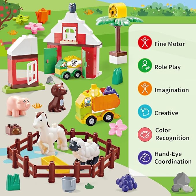 Building Blocks for Toddlers 1-3-5 Farm DIY Big Classic Building Bricks Toys Set for Kids Ages 2-4-5-8 With Barn Animals Truck Compatible With All Major Brands Gift Toy for 3-5 Boys Girls 74 Pcs