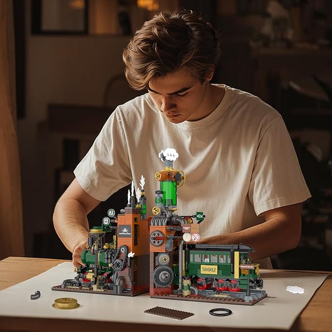 NUTCRACKER Retro Steam Train Building Set 2 in 1 Medieval Train Station Building Model Train Book Ends Bookshelf DIY Toy Building Set Easter Birthday Gift for Adults Boys Girls (1379 Pieces)