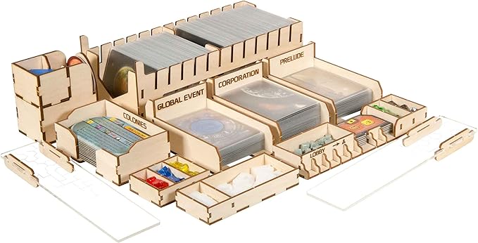 The Broken Token Terraforming Mars Compatible Expansions Game Organizer - Wood Storage Box with Multiple Trays &amp Card Shoe - Wooden Game Organizer