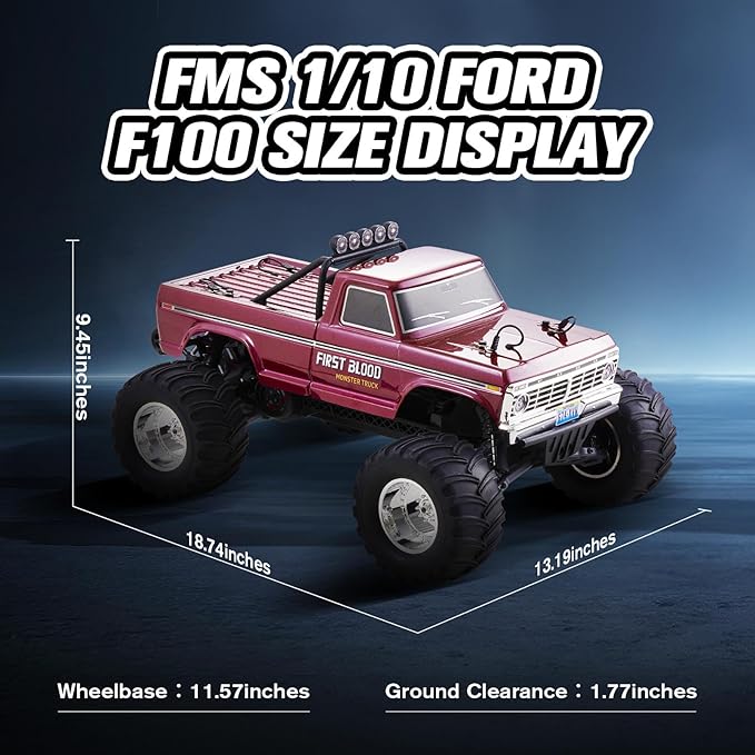 FMS 1/10 RC Truck Ford F-1002WD Monster Truck with Licensed Body 550 Brushed Motor Oil Shocks Independent Suspension – All-Terrain RC Crawler High Speed Off-Road RC Car for Gift(Red First Blood)