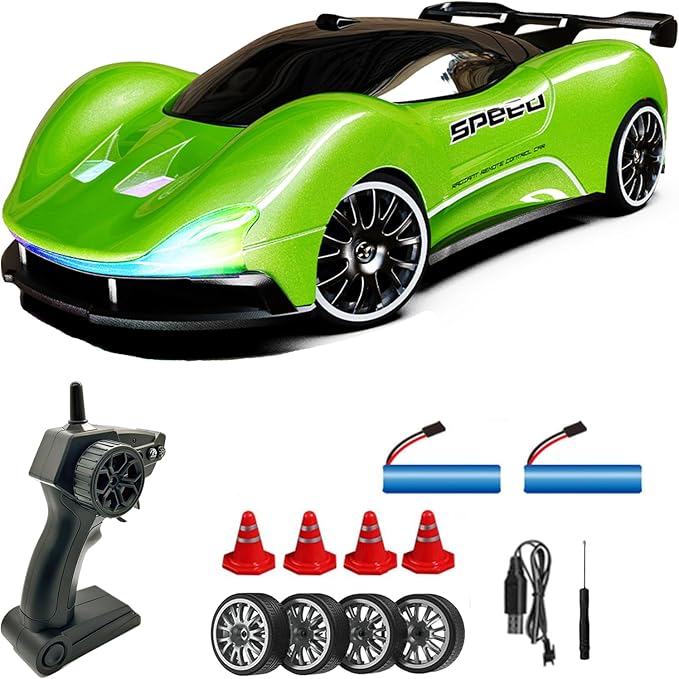 1:20 Scale Remote Control Drift Car 4WD 2.4GHz Racing Sport Toy RC Car with LED Lights Racing and Drift Wheels (Green)