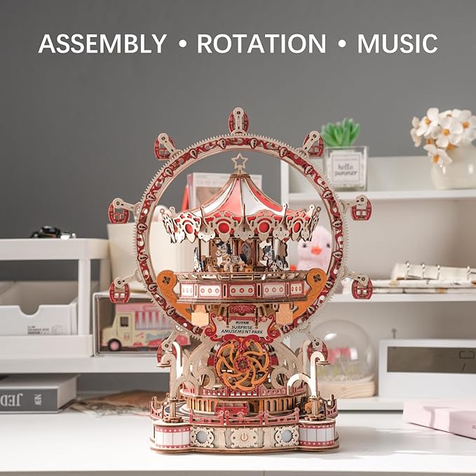 3D Puzzles for Adults Wooden 3D Puzzle Model Surprise Amusement Park Music Box Toys Building Kits DIY Wood Crafts Cool Toy Hobbies for Men Women Creative Assembly Gifts