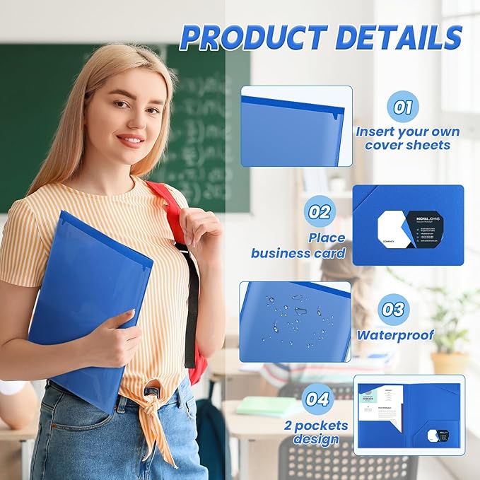 Henoyso 100 Pcs Plastic Folders with Clear Front Pockets Bulk Heavy Duty File Folders with 2 Pockets and Card Slot for Student Teacher Back to School Supplies Office Presentation (Blue)