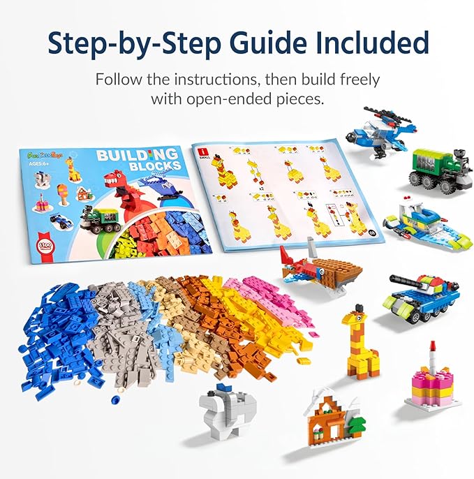FUN LITTLE TOYS 1100 PCS Building Blocks for Kids 6-12 Creative Bulk Building Bricks Set for Open-Ended Play 147 Shapes 17 Colors Value Pack Compatible with Standard Baseplates