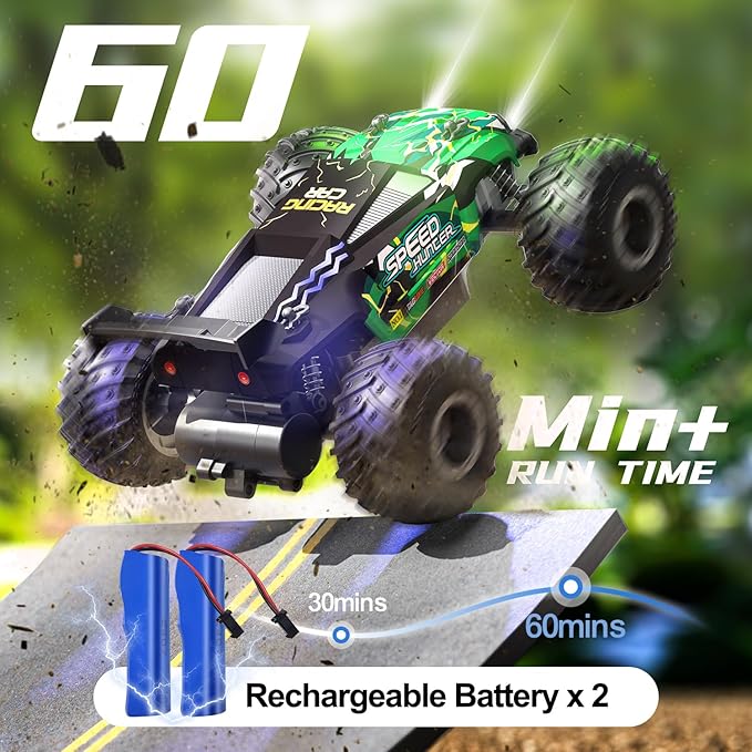 Remote Control Car RC Cars All Terrain Monster Truck Outdoor 2WD Off Road Hobby RC Truck with 2 Rechargeable Batteries and Colorful Light 20Km/h Fast RC Car Toys Gift for Kids Boys