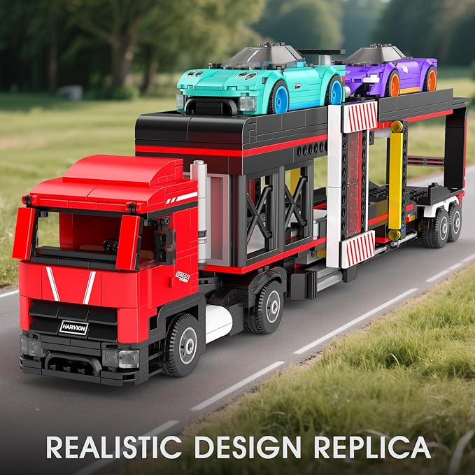 Mould King 24078 Semi Truck Building Toy Set 997 PCS Sports Car Transporter Vehicle Model &amp 2 Race Cars for Aldult/Teens/Enthusiasts Construction Toy Gift for Easter or Birthday
