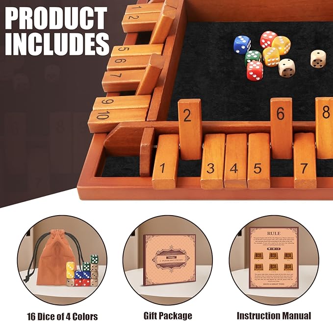 4 Players Shut The Box Dice Games Wooden Board Table Math Game with 12 Dice and Instructions Classics Close The Box Board Game for Adults Kids Family Classroom Home or Bar