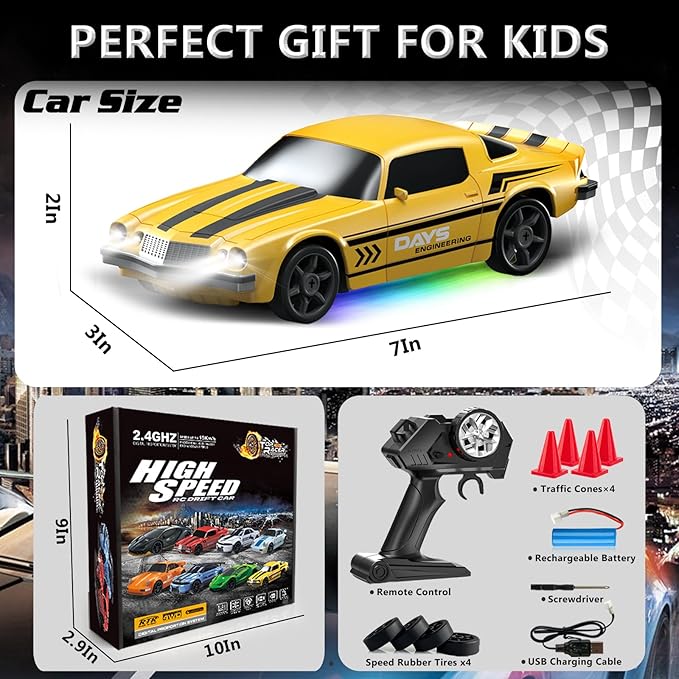 RC Drift Car 1:24 Remote Control Car 4WD 15KM/H High Speed Racing Sport Car with LED Lights RC Cars Toy for Kids Boys Girls Adults Gifts Birthday Christmas Rechargeable Batteries