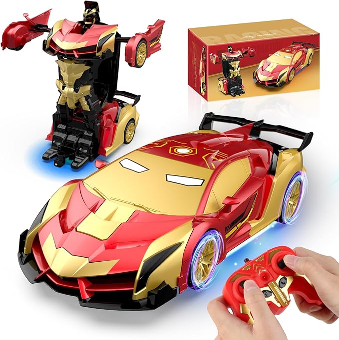 Transform RC Iron Man Cars Robot Toys with Underbody Lights 2.4GHz Hero Remote Control Car One-Button Deformation 360°Rotation Robot Car Toys Christmas Birthday Gifts for Kids Age 4 -12(1:18 Scale)