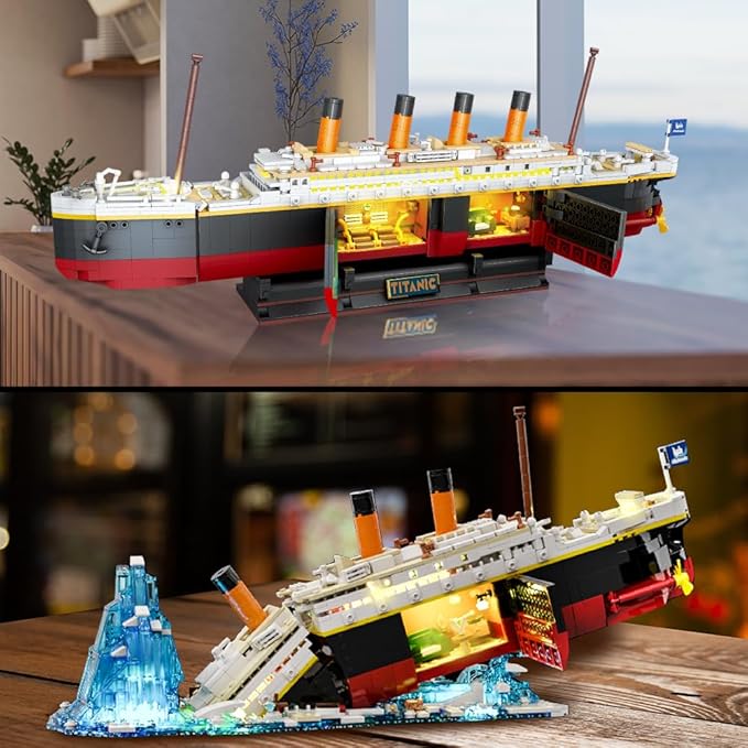 Titanic Building Set with Light 2 in 1 Titanic Ship 3.6mm Mini Building Block 1883 PCS Ship Model with Glacier Display Stand Building Brick Toy Gift for Adults Teens Boys Girls 10 11 12+