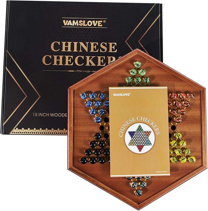 VAMSLOVE Chinese Checkers 15 Large Upgraded Version Wooden Game Board 16mm 60+12 Colorful Glass Marbles Easy Grasping for Adults and Kids w/Storage Drawer Fun for Family Gathering