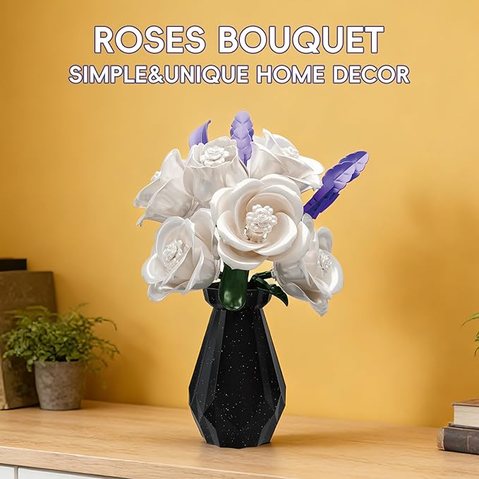White Roses Flowers Bouquet Building Set with Vase 256 Pcs Artificial Botanical Collection with Purple Accents Floral Centerpiece Home Decor Gift for Adults