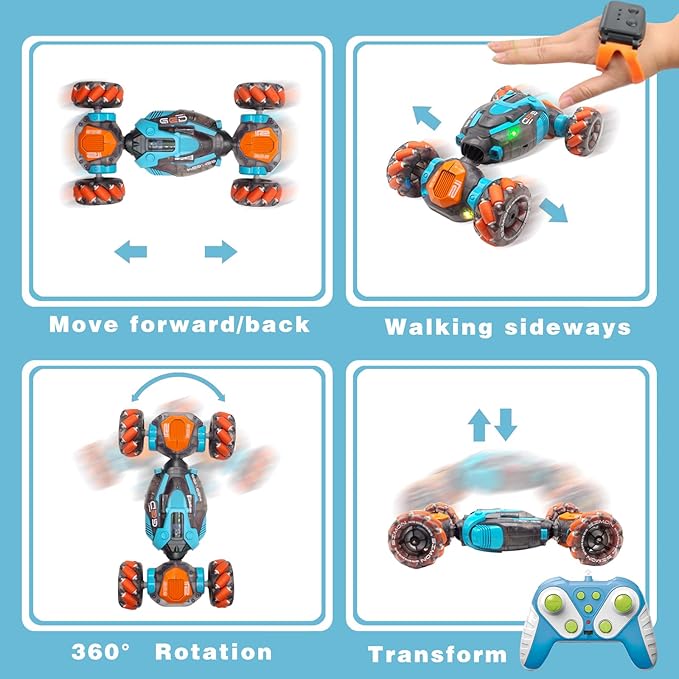 Gesture Sensing RC Stunt Car 4WD Hand Controlled Rc Car for Kids Ages 6-13 Remote Control Toys Torsion Drift Stunt Cars with Lights &amp Music Cool Birthday Gift for Boys Girls (Blue/Orange)