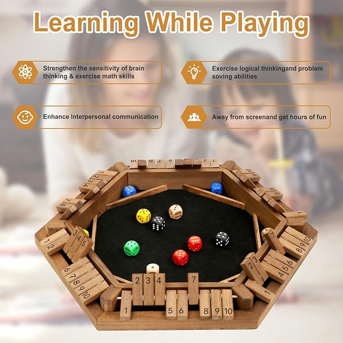 Exqline Shut The Box Game for 2-6 Players Wooden Board Table Math Game with 14 Dice 6 Way Classic Puzzle Board Games for Home Classroom or Pub