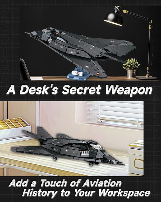 F-117A Nighthawk Fighter Jet Building Block Set for Adults 14+ 20 Inch Planet Military Airplane Air-Force with Display Stand Compatible with Lego 1375 Pcs