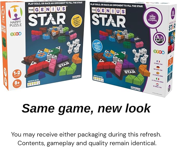 The Happy Puzzle Company The Genius Star | Toy of The Year Award Winning Family Board Game | 165888 Possible Puzzles | Filling in Colored Shapes | Blockers to Complete A Star | Golden Star Twist
