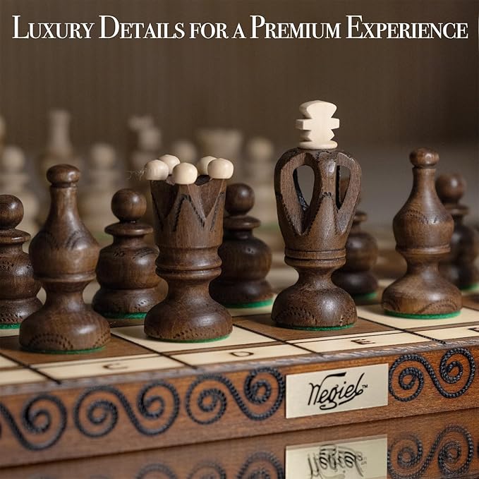 Wegiel Grand Royal Wooden Chess Set for Adults and Kids - 18 Inch Luxury Chess Set Handcrafted from Premium Beech and Birch Wood - Unique Folding Design with Storage