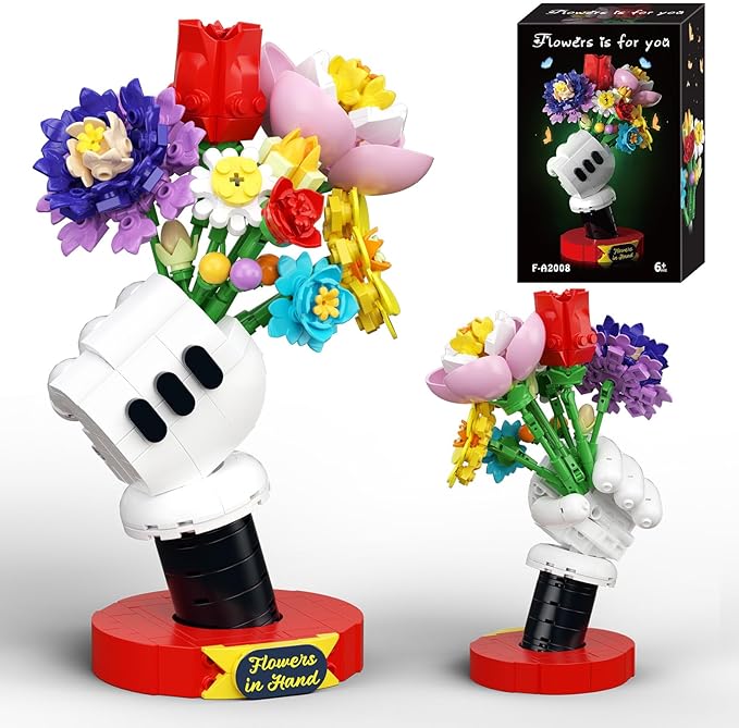 Flower Bouquet Building Set with Display Stand - Artificial Fake Plants Botanicals Flowers for Home Decor for Boys Girls Kids 6+ ＆ Valentines Day Gift for Adults