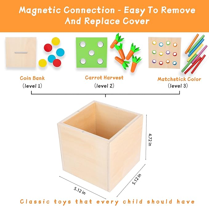 Adena Montessori 3 for 1 Wooden Montessori Play Kit Baby Toysincludes Matchstick Color Drop GameCarrot Harvest Game and Coin BoxLearning Toy for Kid 123 Year OldGirl Boy Gift for Baby 6-12 Month