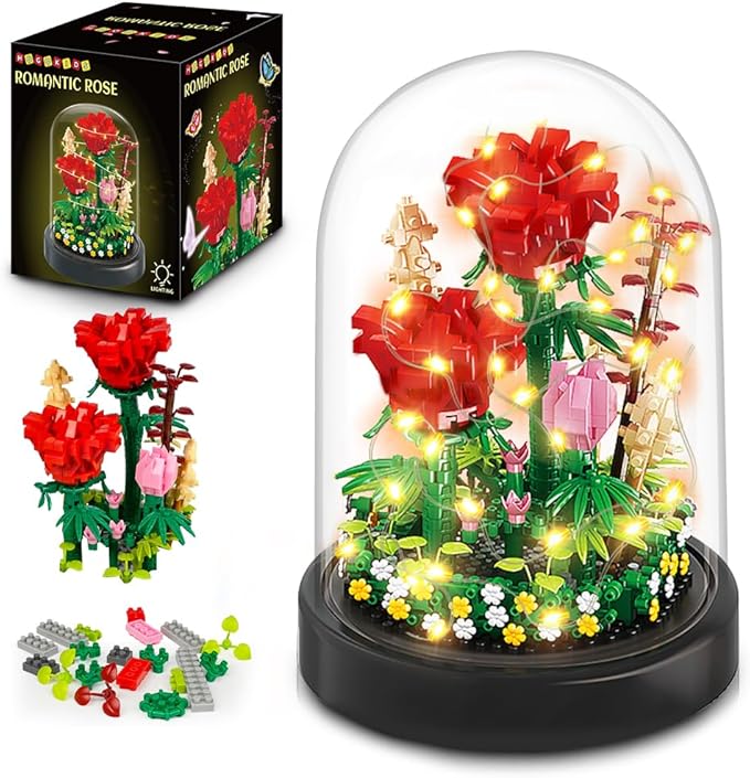 HOGOKIDS Flower Bouquet Building Set with LED Lighting - 596 PCS Red Rose Kits with Cover Botanical Building Blocks | Birthday Mini Bricks Easter Gifts for Kids Girls Teens Adults Home Decor Display