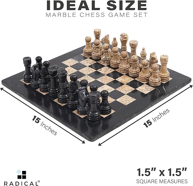 Radicaln Marble Chess Set 15 Inches Handmade Black and Fossil Coral Classic Strategy Board Game for Adults Ideal Marble Chess Board &amp Pieces for Luxury Décor