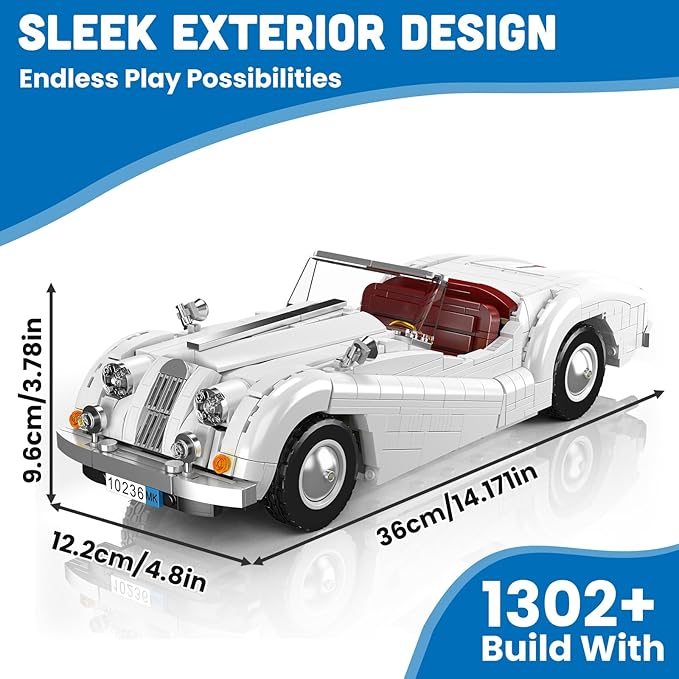 Mould King 10236 Vintage Roadster Building Set Collectible Adult Convertible Sports Car Model 1302 Pieces Desk Decor Display Vehicle Kit for Men and Hobbyists Ages 14+ ﻿