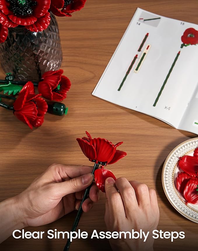iATOM Red Poppy Flower Bouquet Building Set 12Pcs Artificial Botanical Collection for Adults - Gift for Valentine's Day for Her/Mom/Girlfriend/Wife/Couple Home Table Centerpiece Decor Aesthetic