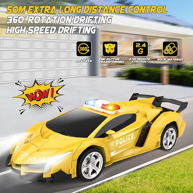 Transform Remote Control Car - Rc Cars One-Button Transforming 360° Rotation Drifting 2.4ghz 1:18 Scale Gift Kids Aged 4-6 Year Old Boys/Girls Police Car Yellow