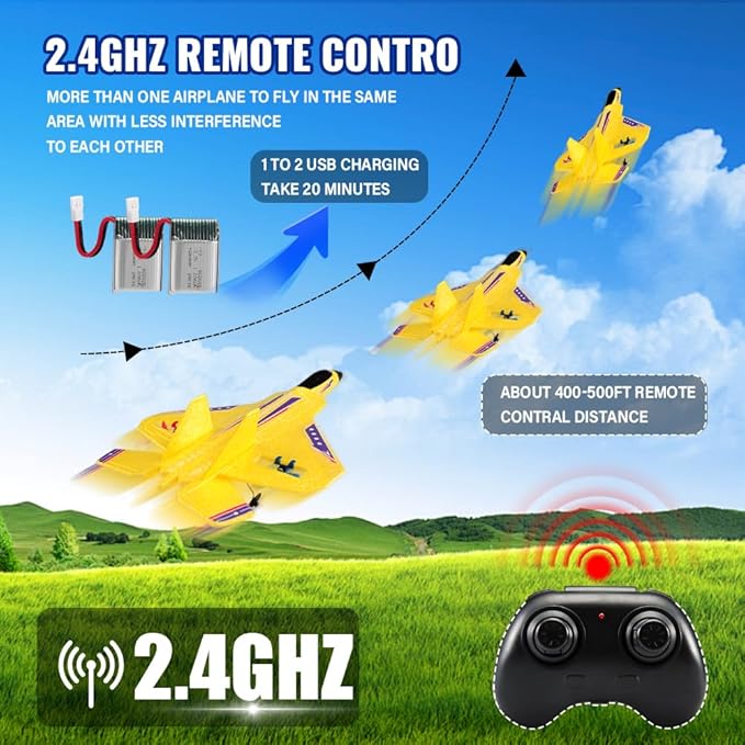 Yellow RC Plane for Kids Upgrade F-22 Raptor Fighter RC Airplane Remote Control Airplane Toys 2.4 GHZ Smart 6-axis Gyro Stabilizer RTF RC Jet Aircraft Easy to Fly Outdoor Toy RC Glider for Beginners