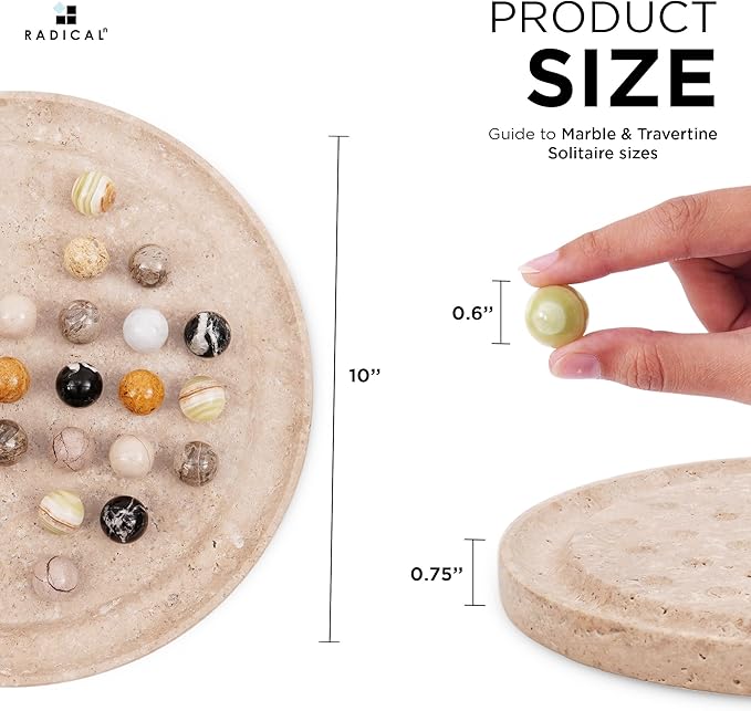 Marble Solitaire Game 10 Inch Travertine Handmade Peg Solitaire Board Game with Marbles Classic Marble Puzzle Game for Adults Modern Tabletop Brain Teaser