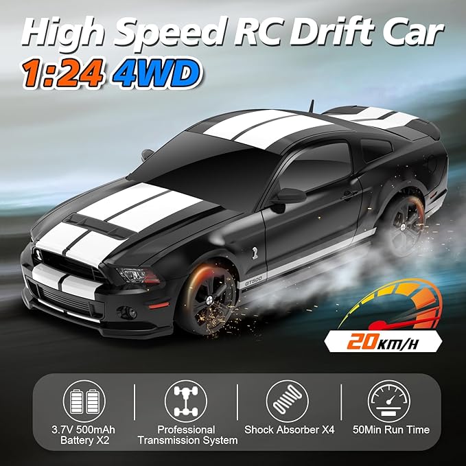YONCHER RC Drift Car Remote Control Car for Kids Ford Mustang Shelby GT500 Officially Licensed 1:24 20KM/H 4WD with Lights Fast Racing Toy Car for Boys Girls Black