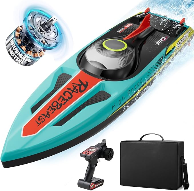 Brushless RC Boat 40+MPH Remote Control Boats for Adults Kids 19 Big Racing Boat for Salt Water Lake River with Self-Righting LED Lights Fishing Function Fast High Speed with Carry Bag