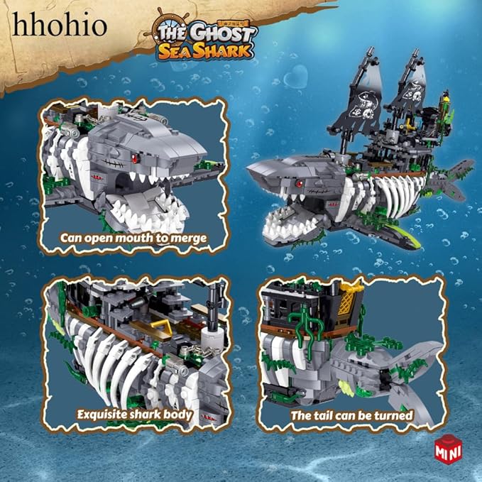 Pirate Ship Building Toys Creative Ghost Shark Pirate Ship Building Sets Jaws Model Ship Building Bricks Set for Kids(1155 PCS)