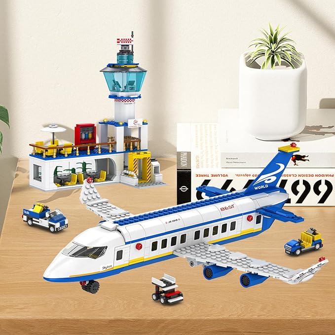 City Passenger Airplane Building Set 886 Pcs STEM 6 in 1 Airport Passenger Plane Building Block Toy with Terminal Shuttle BusLuggage CartChristmas Birthday Gifts for Boys Girls Ages 6-12+