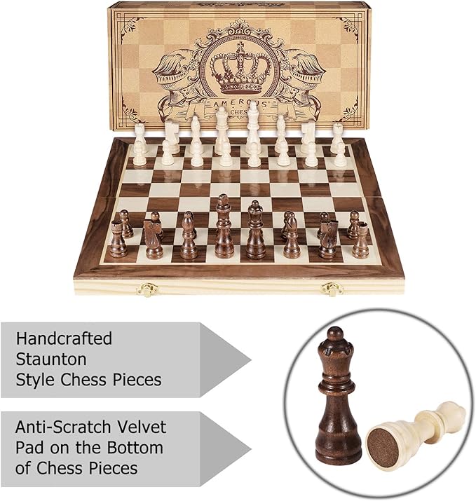 AMEROUS 15 Inches Magnetic Wooden Chess Set - 2 Extra Queens - Folding Board - Pieces Storage Slots Handmade Portable Travel Chess Game - Beginner Chess Set for Kids 6 up Age